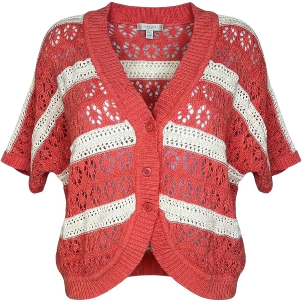 Forever 21 Cardigan Coastal Pointelle Crochet S Coral Striped Short Sleeve